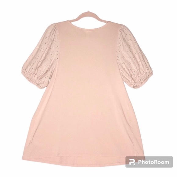 Isabel Blush Light Pink Maternity Tunic Blouse Eyelet Puff Sleeves Large - Picture 2 of 5